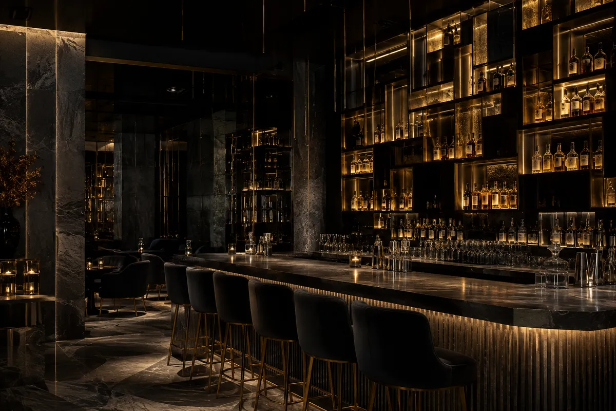 Bar elegante con iluminación dorada